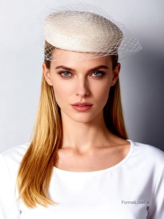 Elegant Bridal Straw Fascinator Hat with Veil Church Tea Party Headpiece